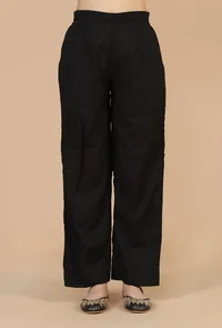 Set of 2: Baagh Print Gathered Dress with Lace & Handwork and Solid Black Cotton Pants image 5