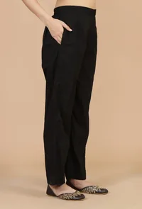 Set of 2: Baagh Print Gathered Dress with Lace & Handwork and Solid Black Cotton Pants image 6