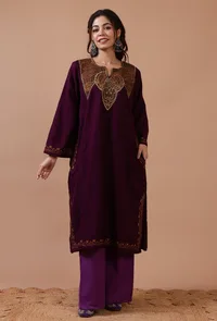 Magenta Red Woolen Sozni Embroidered Phiran- Free Size image 1