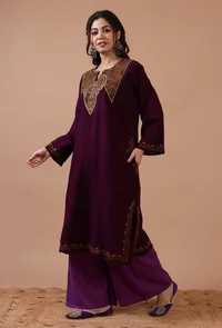 Magenta Red Woolen Sozni Embroidered Phiran- Free Size image 2