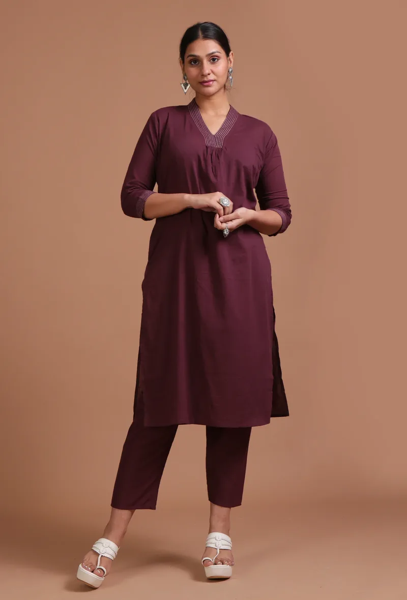 Set Of 2: Dark Brown Cotton Plain Kurta & Pant Set