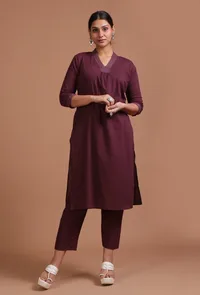 Set Of 2: Dark Brown Cotton Plain Kurta & Pant Set image 1
