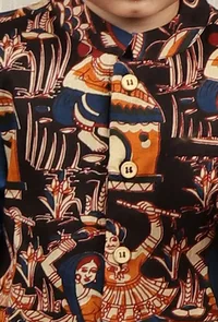 Set Of 3: Duke Blue Cotton Kurta, Pyjama & Black Kalamkari Nehru Jacket image 5