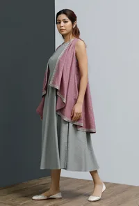 Set of 2: Grey Hand-Block Printed Halter Neck Dress With Onion Pink hand block Printed Shrug image 2