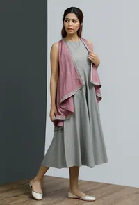 Set of 2: Grey Hand-Block Printed Halter Neck Dress With Onion Pink hand block Printed Shrug image 3