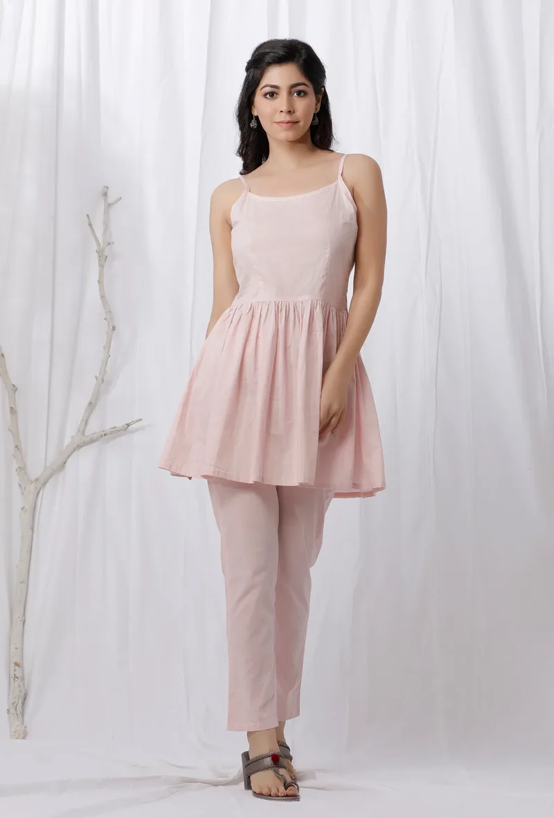 Set of  2: Baby Pink Cotton Slip Blouse and Cotton Pants