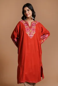 Persian Red Aari Embroidered Kashmiri Phiran-Free Size image 1