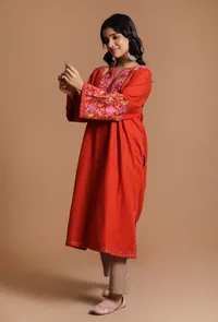 Persian Red Aari Embroidered Kashmiri Phiran-Free Size image 2