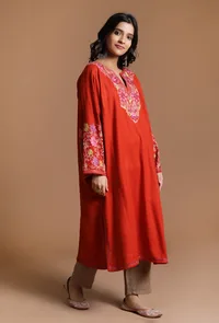 Persian Red Aari Embroidered Kashmiri Phiran-Free Size image 3