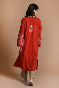 Persian Red Aari Embroidered Kashmiri Phiran-Free Size image 4