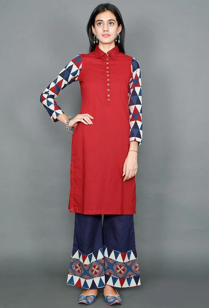 Set Of Red-Indigo Ajrakh Cotton Kurta And Palazzo