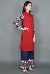 Set Of Red-Indigo Ajrakh Cotton Kurta And Palazzo image 2