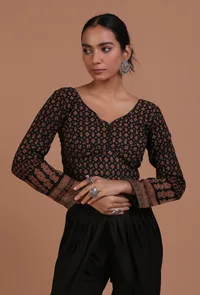 Black Cotton Ajrakh Printed Full Sleeve Blouse image 1
