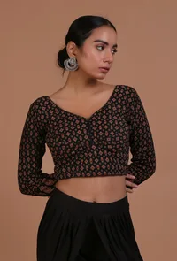 Black Cotton Ajrakh Printed Full Sleeve Blouse image 4