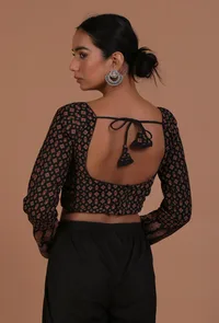 Black Cotton Ajrakh Printed Full Sleeve Blouse image 6