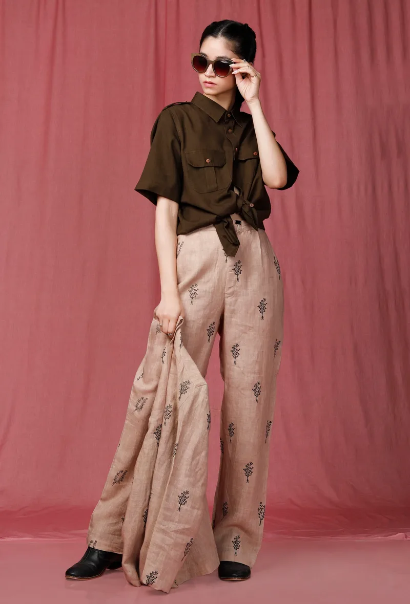 Set of 2: Olive Plain Linen Shirt With Pastel Brown Handblock Printed Linen Pant