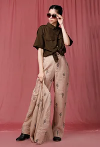 Set of 2: Olive Plain Linen Shirt With Pastel Brown Handblock Printed Linen Pant image 1