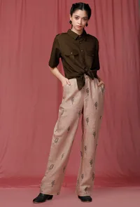 Set of 2: Olive Plain Linen Shirt With Pastel Brown Handblock Printed Linen Pant image 2