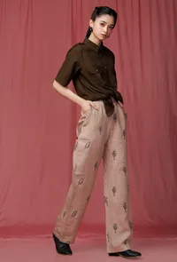 Set of 2: Olive Plain Linen Shirt With Pastel Brown Handblock Printed Linen Pant image 3