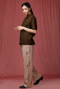 Set of 2: Olive Plain Linen Shirt With Pastel Brown Handblock Printed Linen Pant image 4