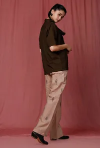 Set of 2: Olive Plain Linen Shirt With Pastel Brown Handblock Printed Linen Pant image 5