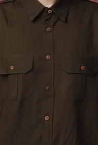Set of 2: Olive Plain Linen Shirt With Pastel Brown Handblock Printed Linen Pant image 6