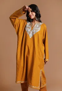 Orange Gold Aari Embroidered Kashmiri Phiran-Free Size image 1