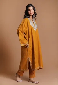 Orange Gold Aari Embroidered Kashmiri Phiran-Free Size image 2