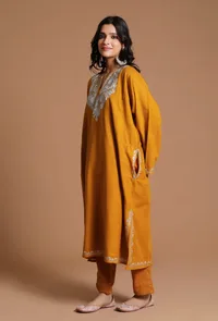 Orange Gold Aari Embroidered Kashmiri Phiran-Free Size image 3