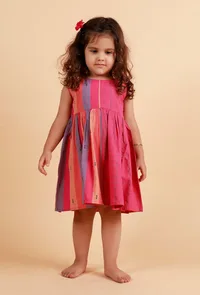 Pink Multicolor Stripe Flared Woven Dress image 1