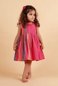 Pink Multicolor Stripe Flared Woven Dress image 3