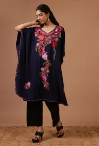 Bluish Purple Cotton Crush Ari Embroidered Kaftan- Free Size image 1