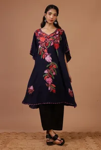 Bluish Purple Cotton Crush Ari Embroidered Kaftan- Free Size image 2