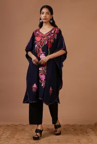 Bluish Purple Cotton Crush Ari Embroidered Kaftan- Free Size image 3