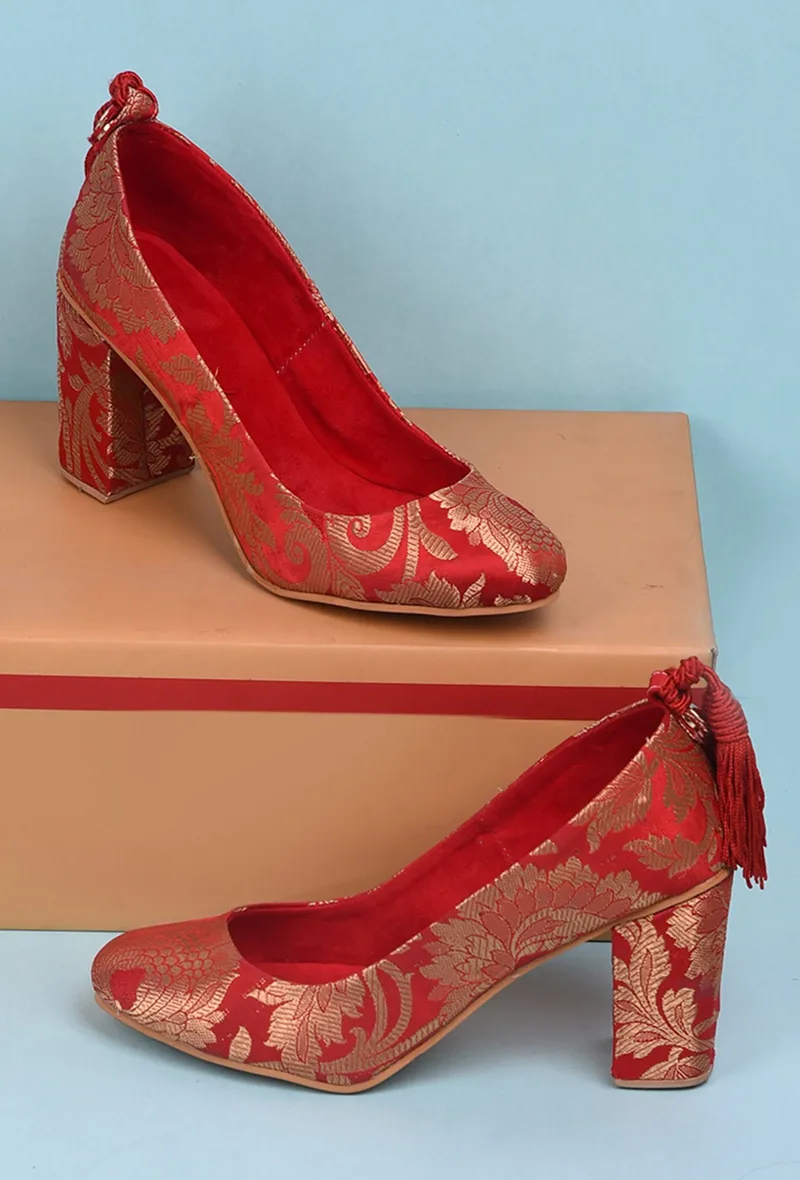 Red Brocade Block Heel