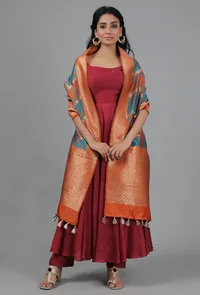 Orange Ochre & Cyan Bandhani Brocade Dupatta image 1