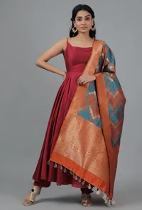 Orange Ochre & Cyan Bandhani Brocade Dupatta image 2