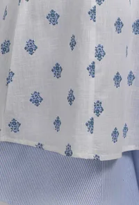 Set Of 2: Blue and Green Block Printed Slub Flared Kurta with Cotton Striped Flared Pants image 5