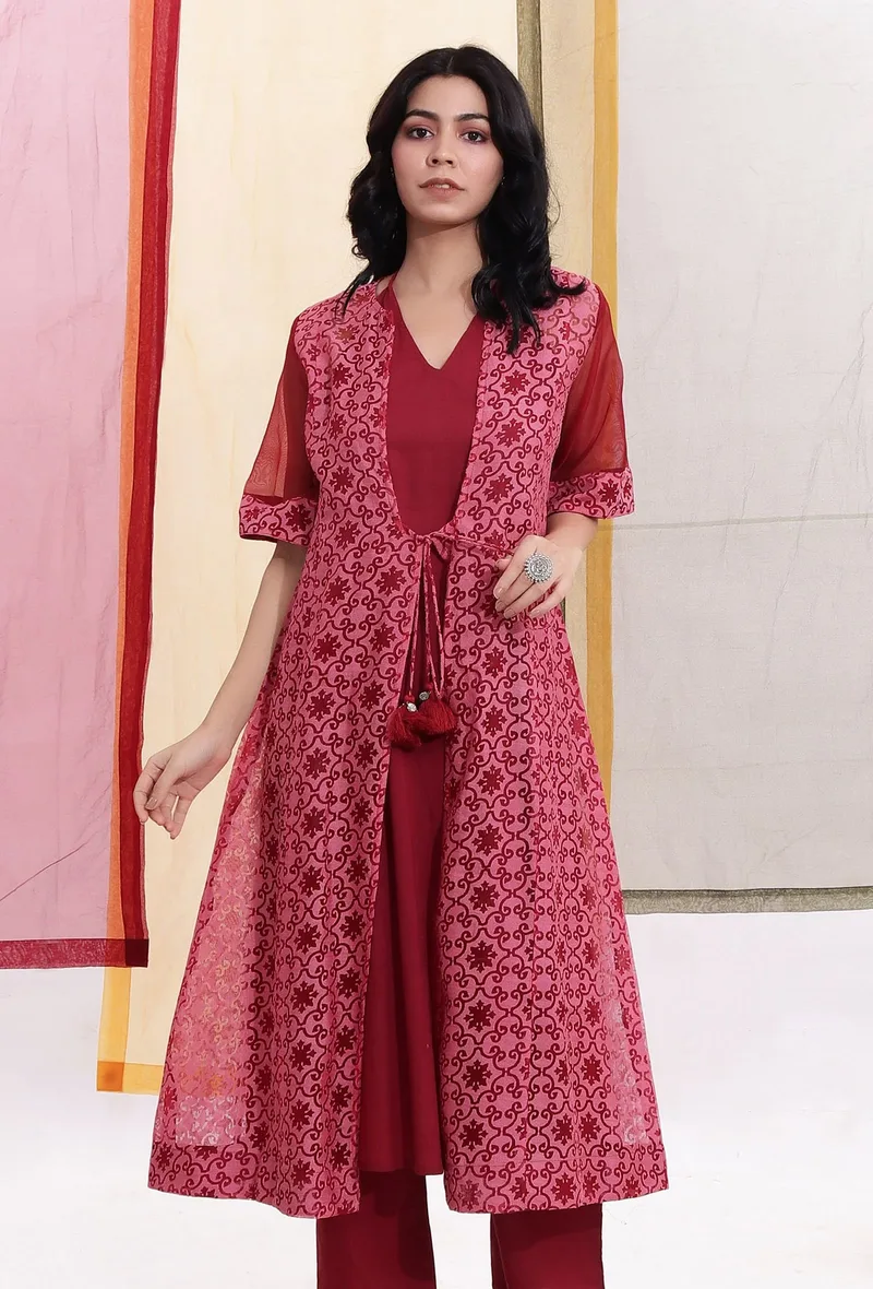 Carmine Red Brasso Organza & Plain Organza Front Tie-up Overlay