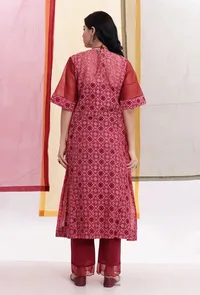 Carmine Red Brasso Organza & Plain Organza Front Tie-up Overlay image 3