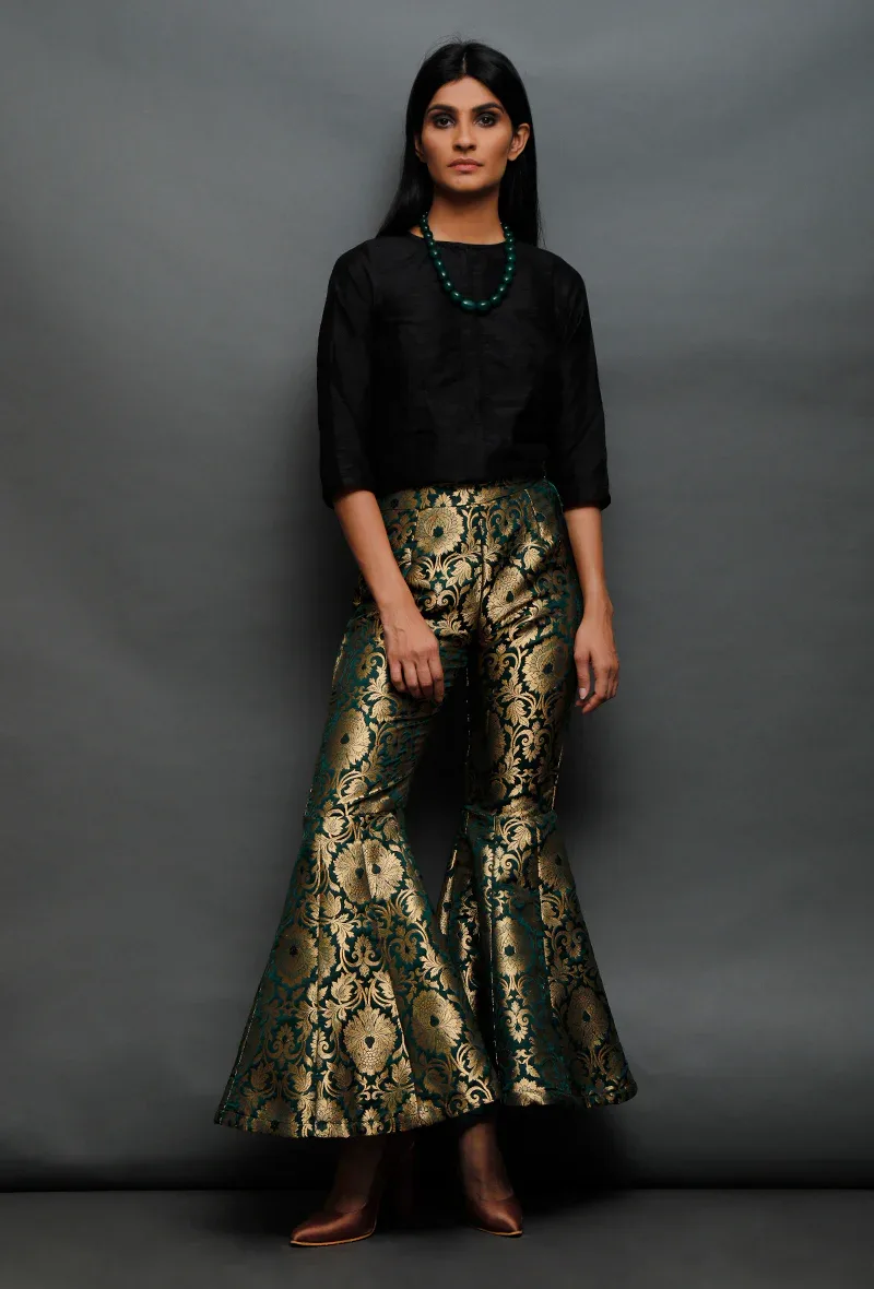 Bottle Green Brocade Sharara Pants
