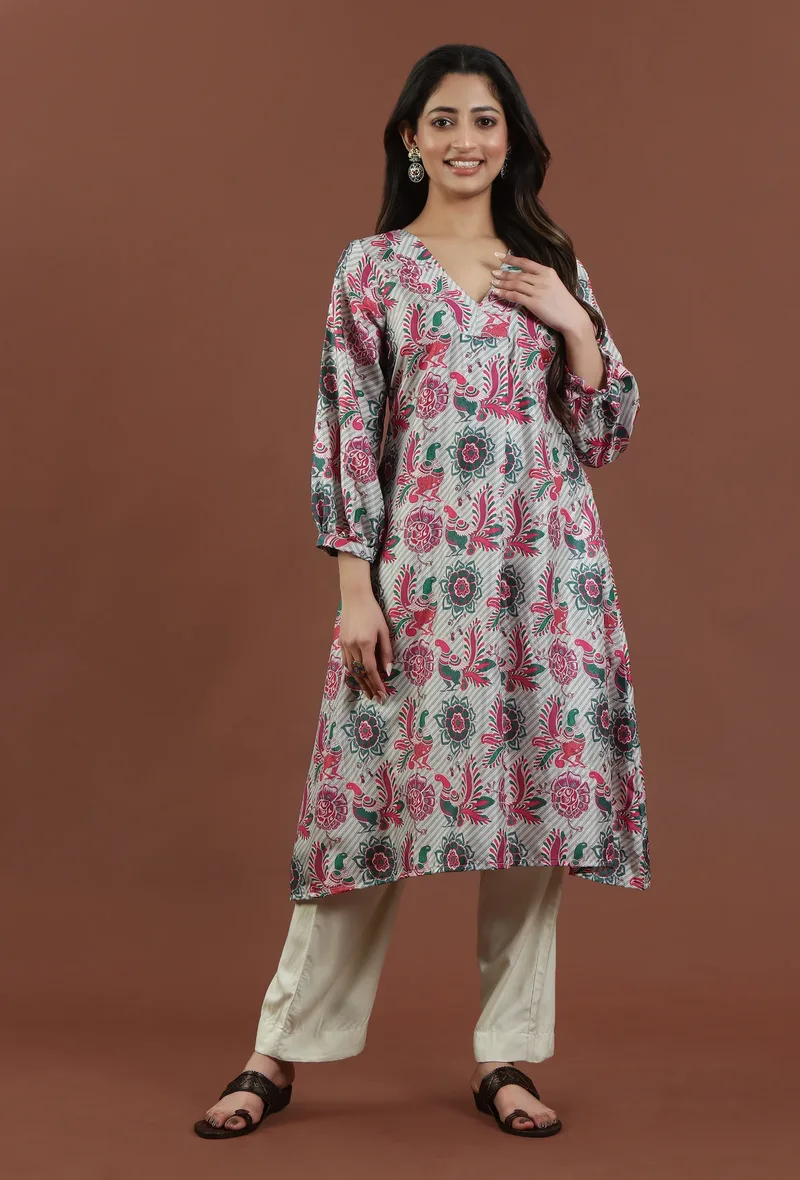 Set of 2: Elegant Off-White Kalamkari Printed Silk Kurta Set with Solid Off-White Shantoon Pants
