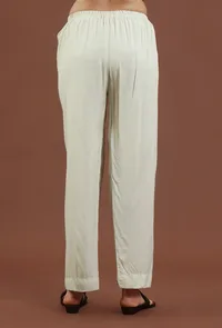 Set of 2: Elegant Off-White Kalamkari Printed Silk Kurta Set with Solid Off-White Shantoon Pants image 5