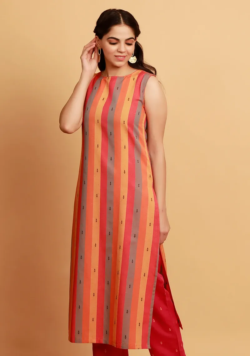 Pink Multicolor Straight Sleeveless Boat Neck Woven Kurta