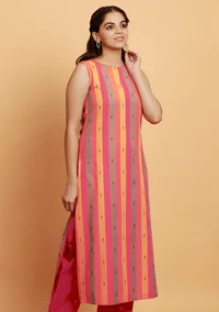 Pink Multicolor Straight Sleeveless Boat Neck Woven Kurta image 2