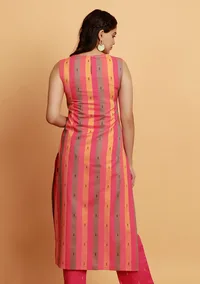Pink Multicolor Straight Sleeveless Boat Neck Woven Kurta image 3
