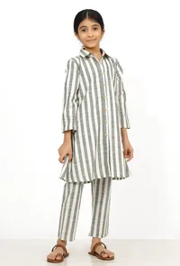 Set of 2: Irish Grey and White Stripes Cotton Belted Kurti with Pants image 1