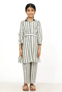Set of 2: Irish Grey and White Stripes Cotton Belted Kurti with Pants image 2
