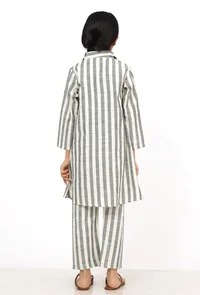 Set of 2: Irish Grey and White Stripes Cotton Belted Kurti with Pants image 4