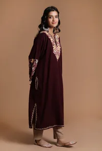 Maroon Oak Aari Embroidered Kashmiri Phiran-Free Size image 2